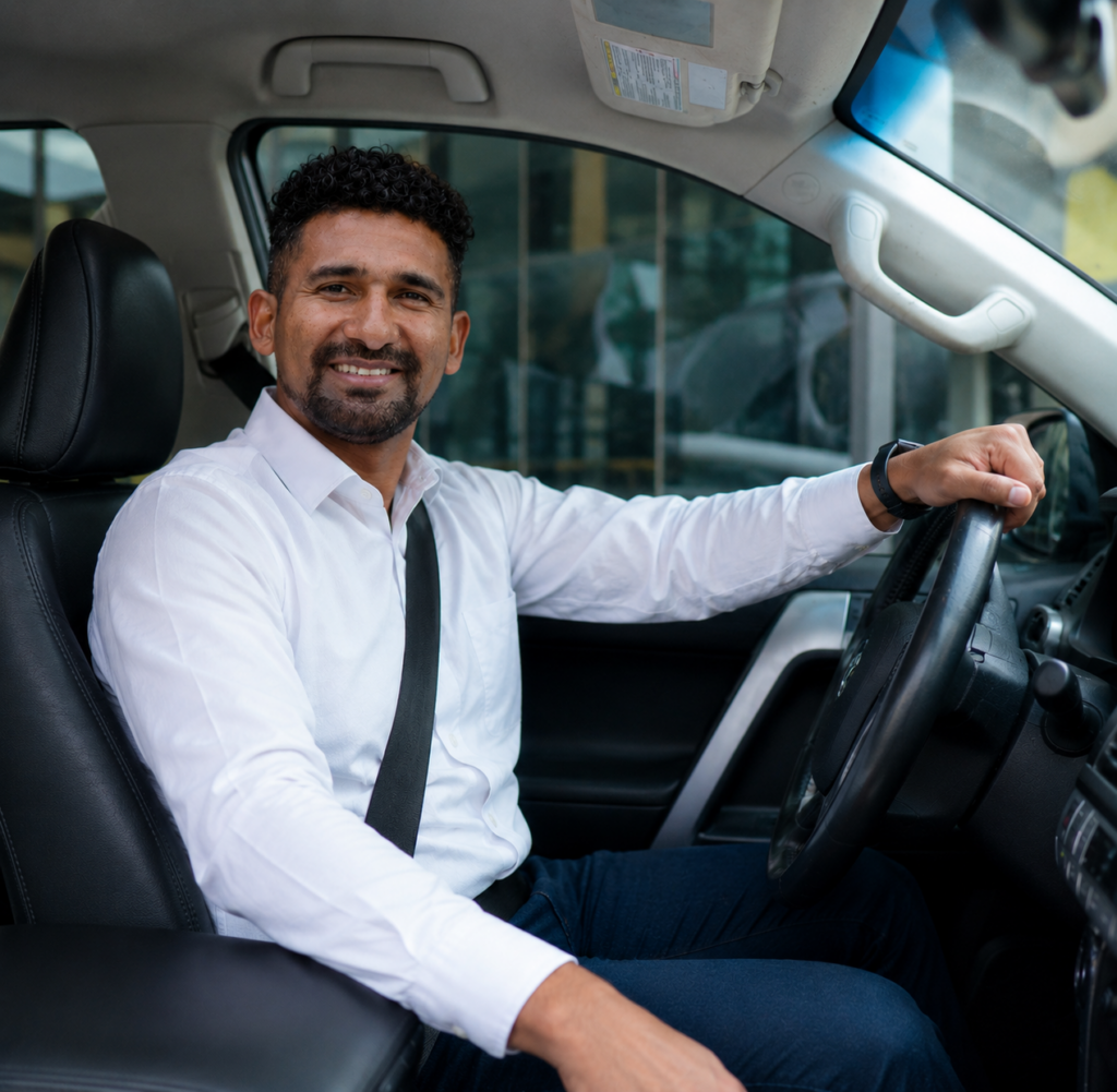 Conductor profesional junto a camioneta para transporte de personal para empresas y movilidad corporativa.